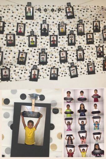 Wall with string and kindergarten students' graduation photos hanging from it.