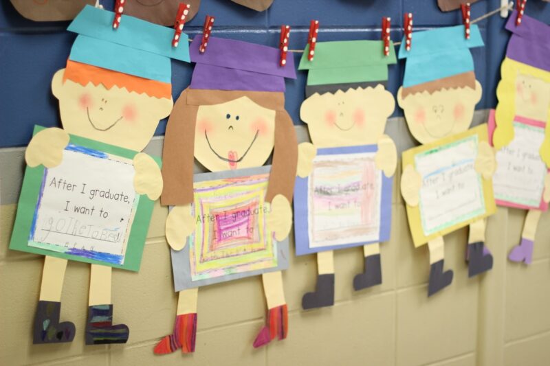 Self portraits made of construction paper featuring student writing about what they want to do after kindergarten graduation.