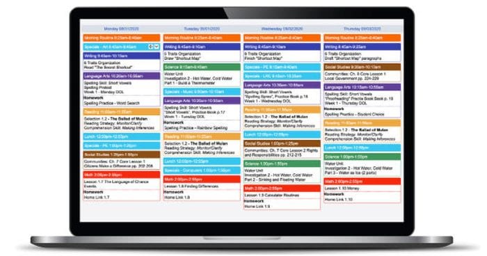 Screenshot of Planbook showing a calendar month with colorful lesson plan titles (Online Planners for Teachers)