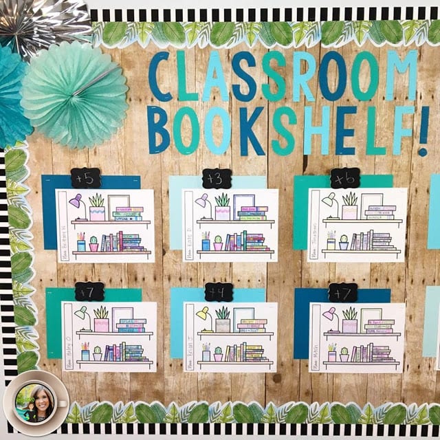 Classroom bookshelf interactive bulletin board with space for student book recommendations
