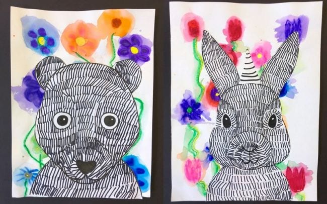 Black and white drawings of a bear and bunny with colorful flower backgrounds (Second Grade Art)