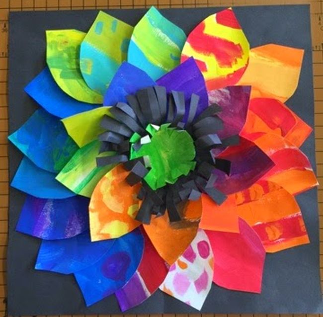 Paper flower made from petals cut from painted paper (Second Grade Art)