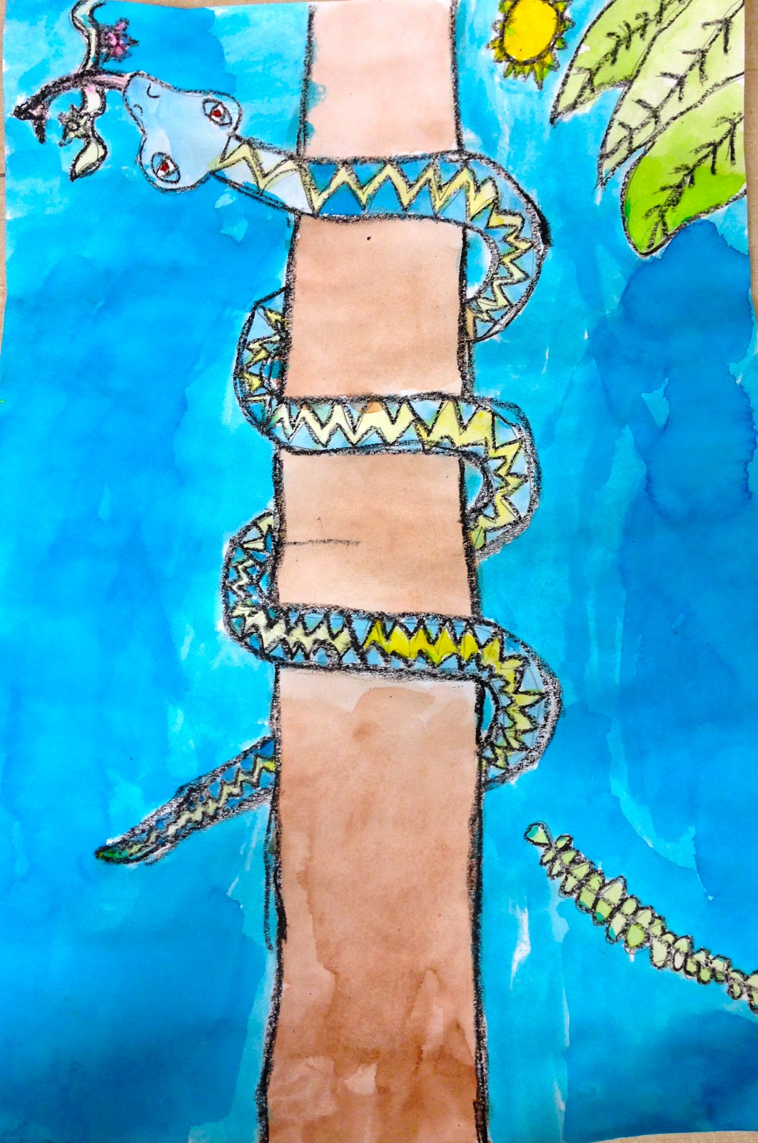 A painting shows a tree stump with a snake painted around it (second grade art)
