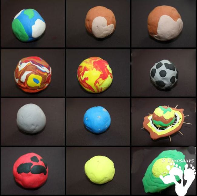 twelve play dough balls representing planets made from different colors 
