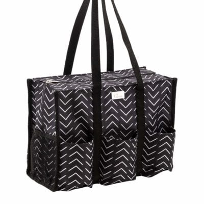 Box-shaped tote bag in a zig zag pattern with multiple outside pockets