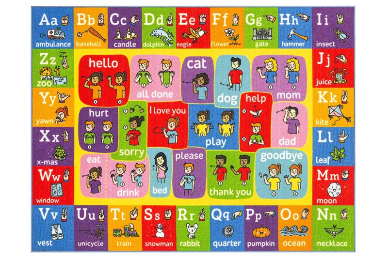 Colorful rug with the ASL alphabet in graphics.