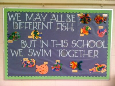 We may all be different fish, but in this school we swim together. Fish under the sea themed bulletin board