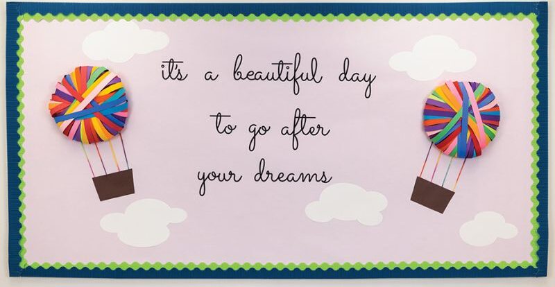 Bulletin board with 3D hot air balloons that says: It's a beautiful day to go after your dreams in script writing. 