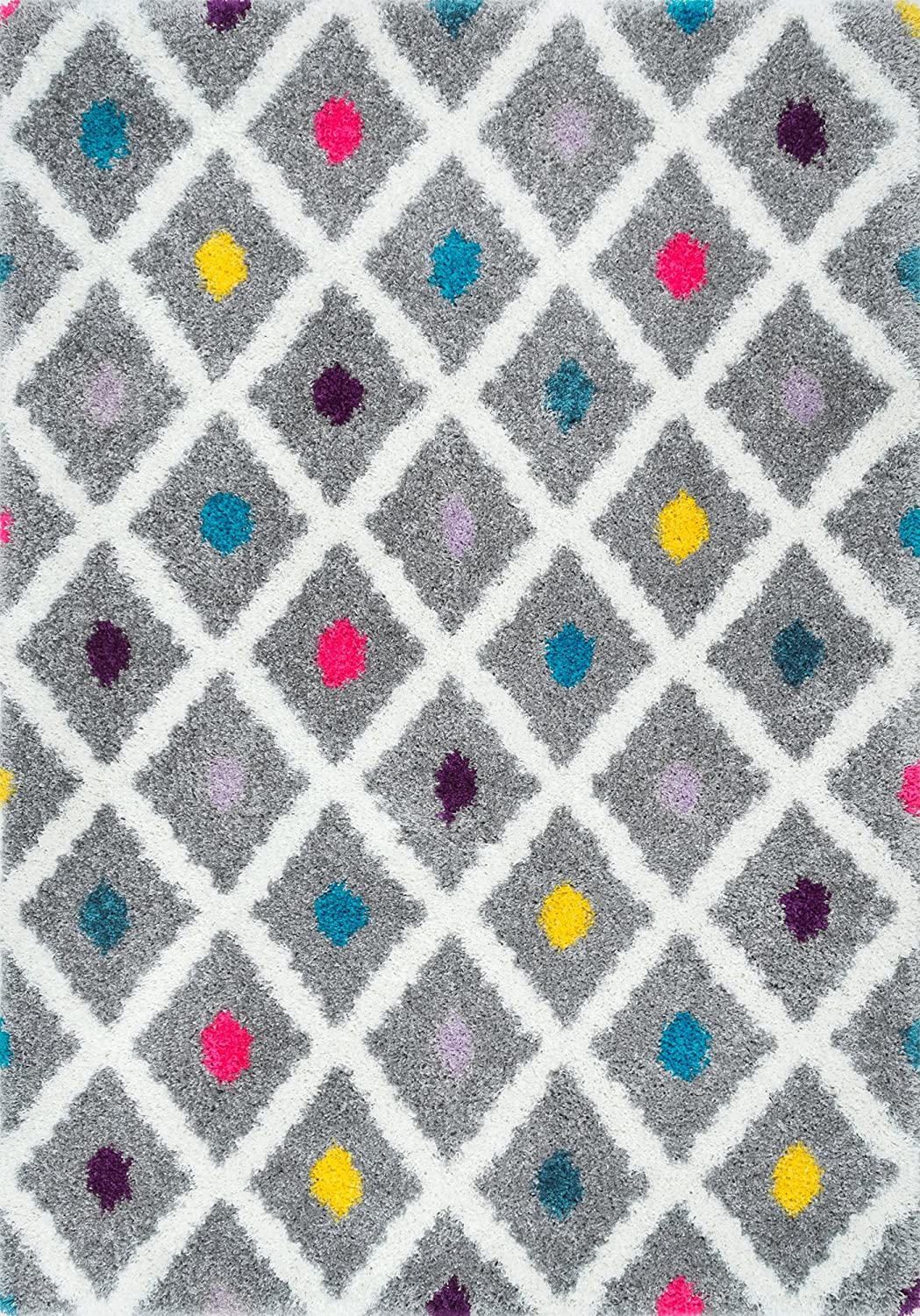 A gray rug is shown with a diamond pattern and small dots of different colors like yellow, teal, and pink. 
