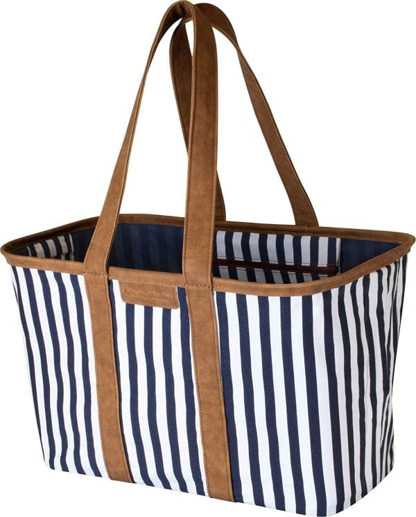 Collapsible rectangular striped tote bag with brown handles