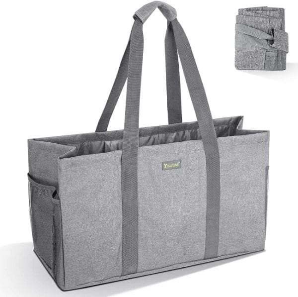 Gray collapsible tote bag with side pockets and long handles (Best Teacher Bags)
