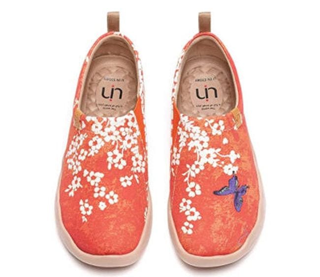 UIN Painted Canvas Flats in orange with white flowers and blue butterfly- teacher shoes