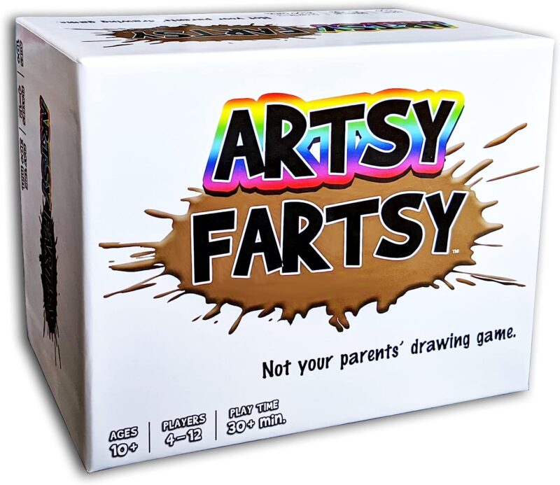 Drawing games like the one pictured are funny. A white box says Artsy Fartsy on it in black lettering.