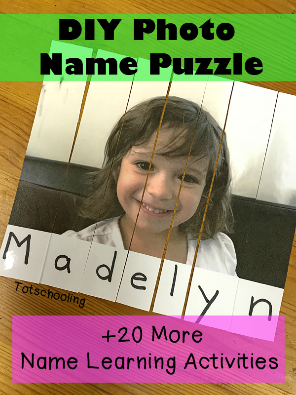 Name games can include name puzzles like the one shown here that has a photo of a little girl and the name Madelyn across the bottom.