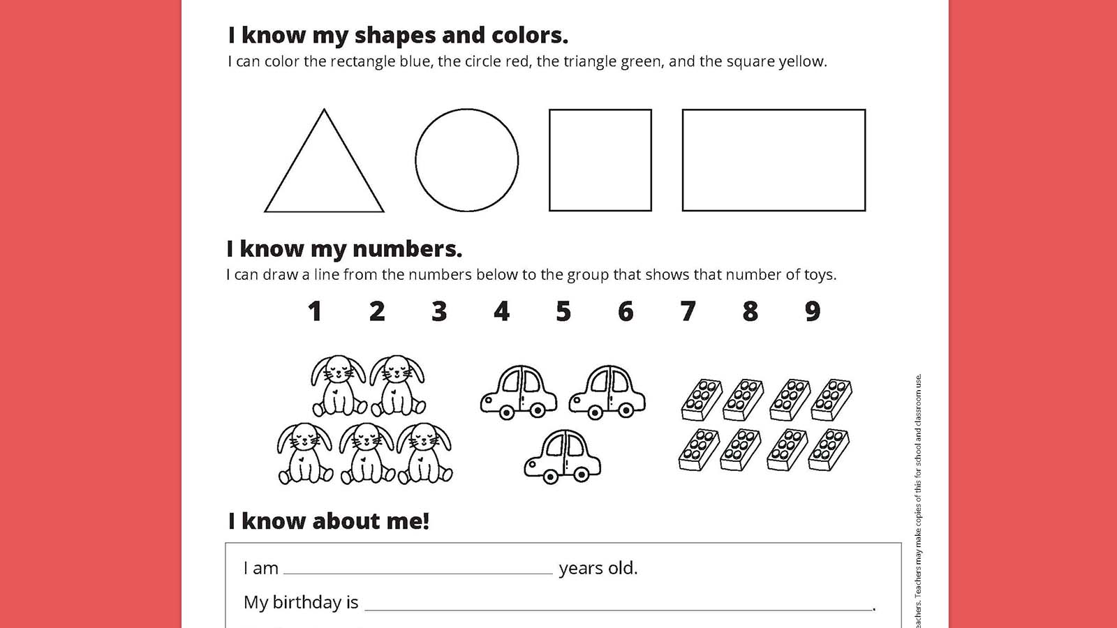 Picture of the student worksheet from the kindergarten readiness downloadable