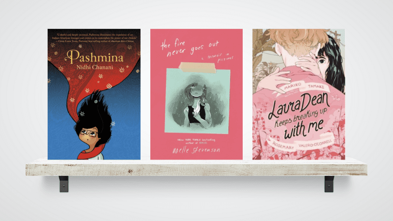 Collage of three diverse middle school graphic novels on a shelf 