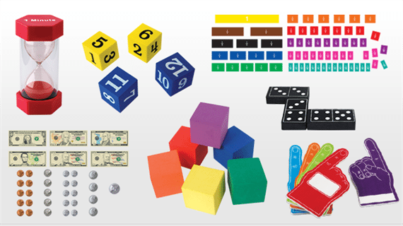 Different types of math manipulatives like blocks, play money, and dice.