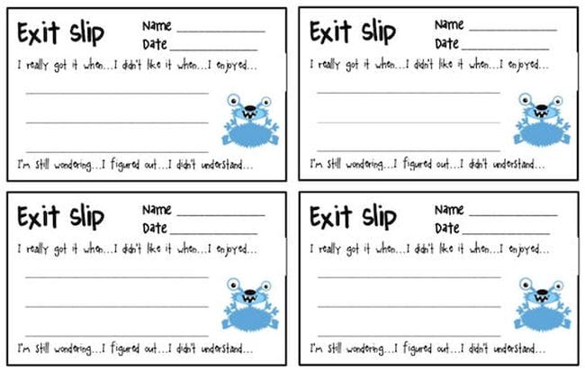 Exit tickets with prompts, blank lines to write an answer and an illustration of a blue fuzzy monster