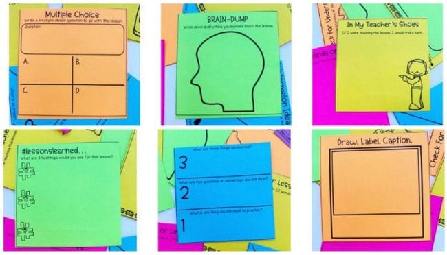 Exit tickets printed on colored sticky notes.