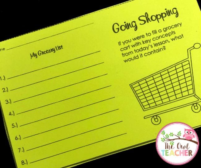 A bright yellow exit ticket with a picture of a shopping cart and space for student responses under the title 