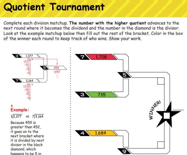 Rules for playing Quotient Tournament fourth grade math game
