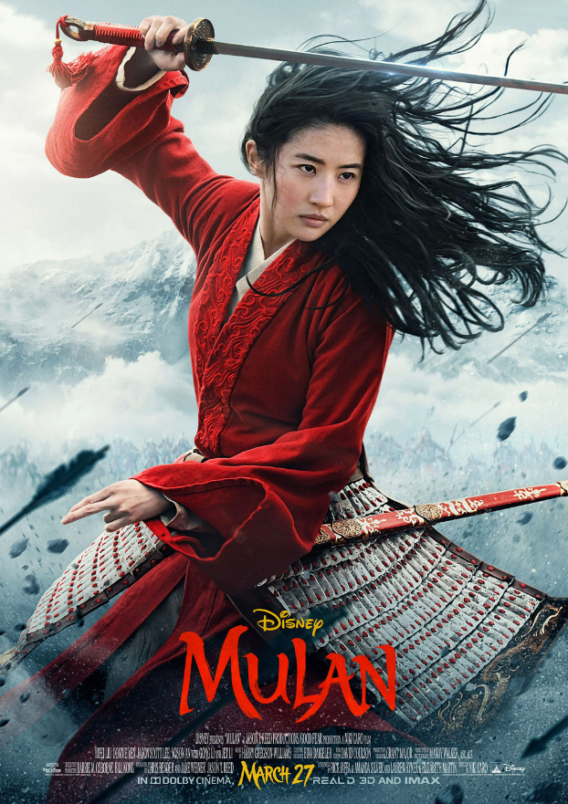 Actress wearing red wielding swords on Mulan live action poster