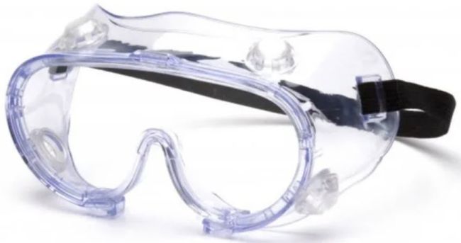 Clear plastic safety goggles with a black elastic strap