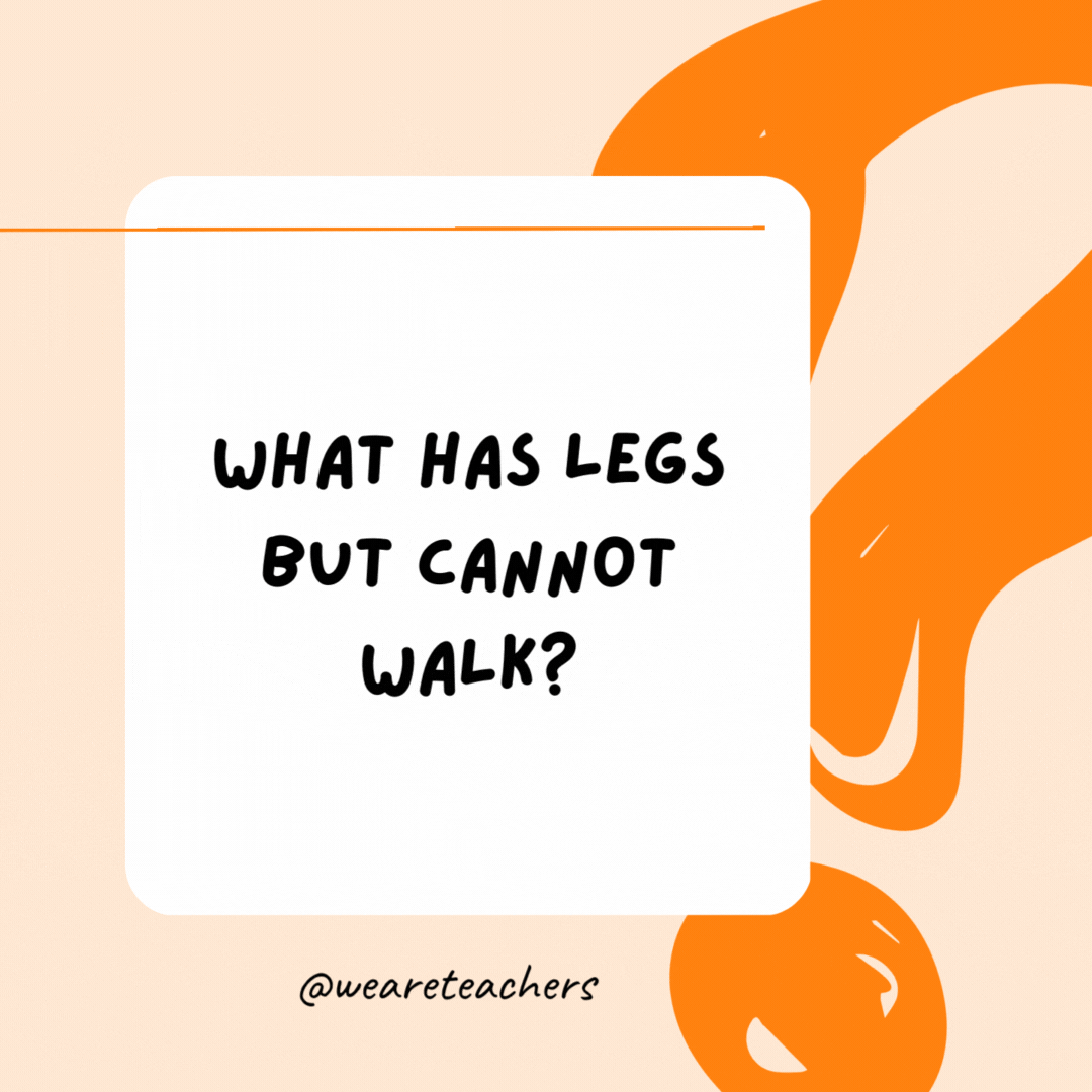 What has legs but cannot walk? A stool.