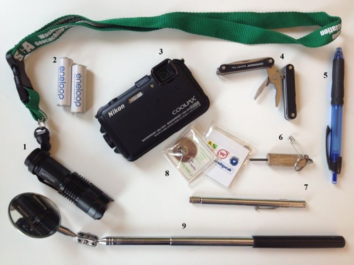 A selection of geocaching supplies, including a flashlight, camera, mirror, multitool, pen, and batteries