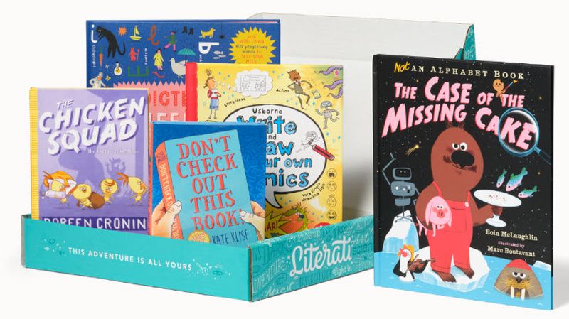 Literati book club box with a selection of books for elementary-aged kids