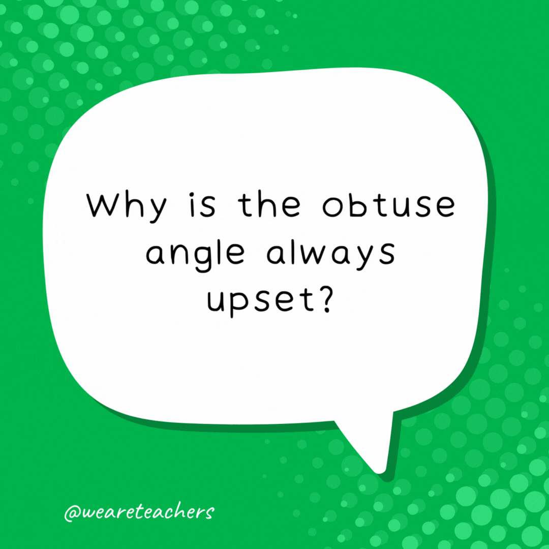 Why is the obtuse angle always upset?

He can never be right!- school jokes for kids
