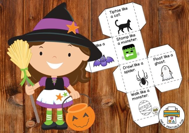 An image of a diy halloween dice template next to a cartoon of a young witch