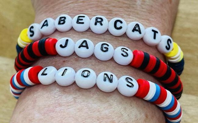 Beaded bracelets in school colors with beads spelling out school mascots (Spirit Week Ideas)