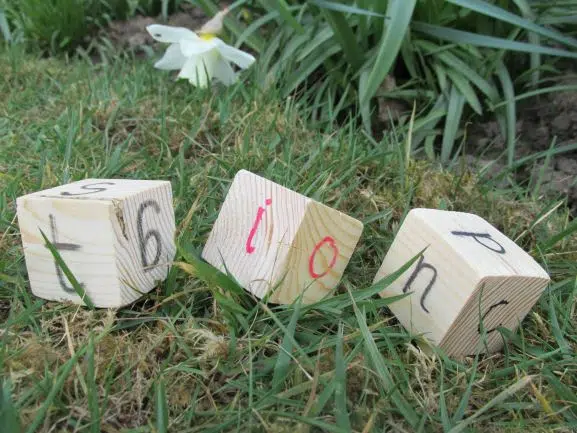 three cube blocks with letters written on them lying on the grass