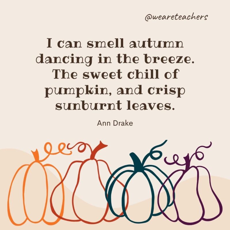 I can smell autumn dancing in the breeze. The sweet chill of pumpkin, and crisp sunburnt leaves. —Ann Drake