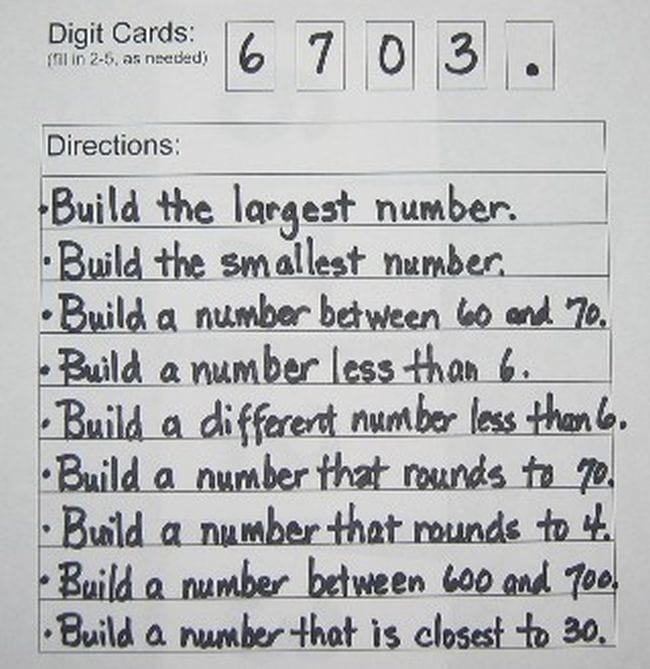 Worksheet with the digits 3703 at the top, and instructions to build the largest number, build the smallest number, etc. (Place Value Activities)