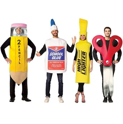 Teacher Halloween costumes include people dressed as a pencil, Elmer's glue, a highlighter, and scissors.