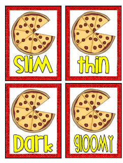 Four cards featuring pizza pies with pieces missing and words written underneath that match in meaning 