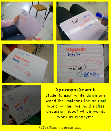 whiteboards with synonyms written on them and a description of the activity 