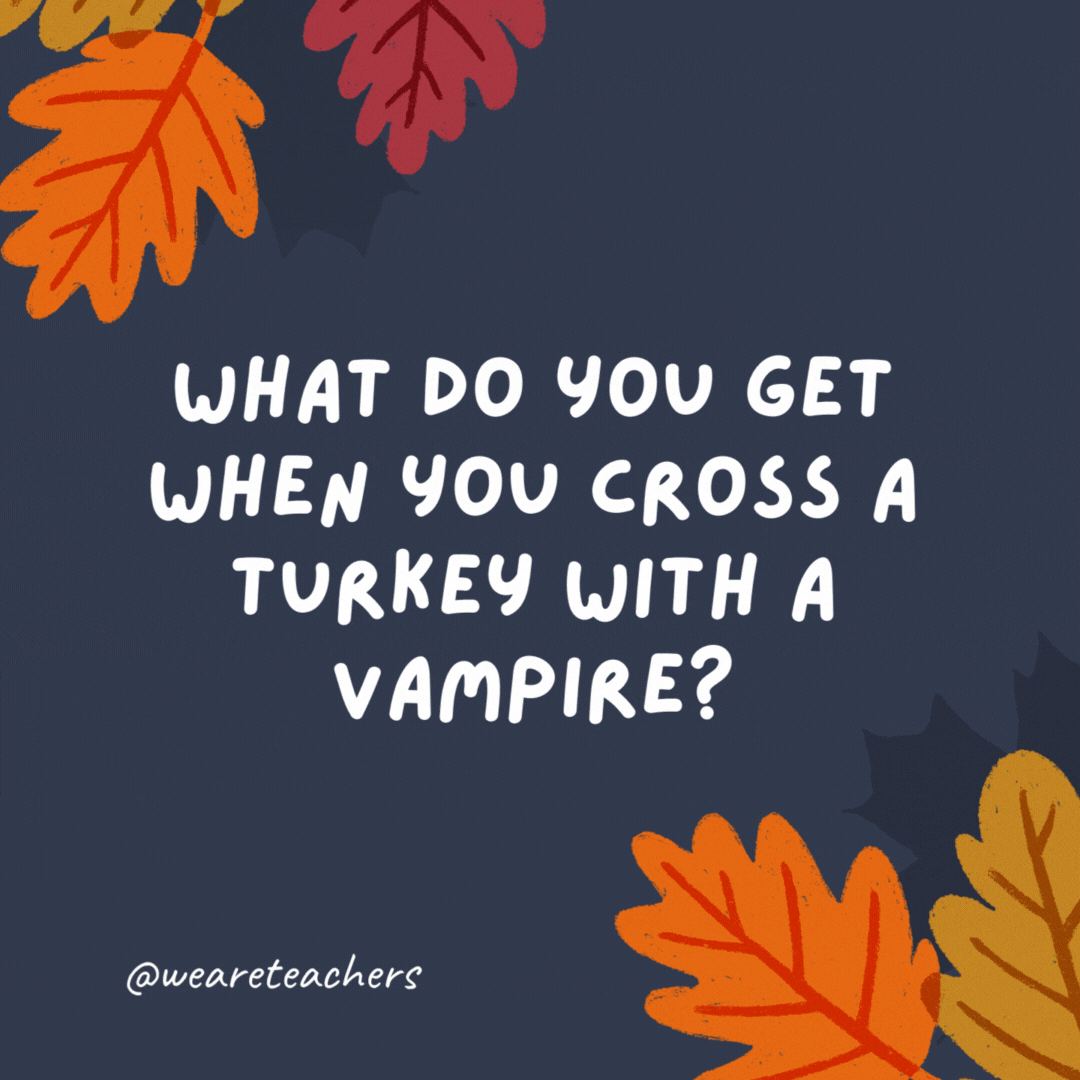 What do you get when you cross a turkey with a vampire?

A bird that sucks your gravy.