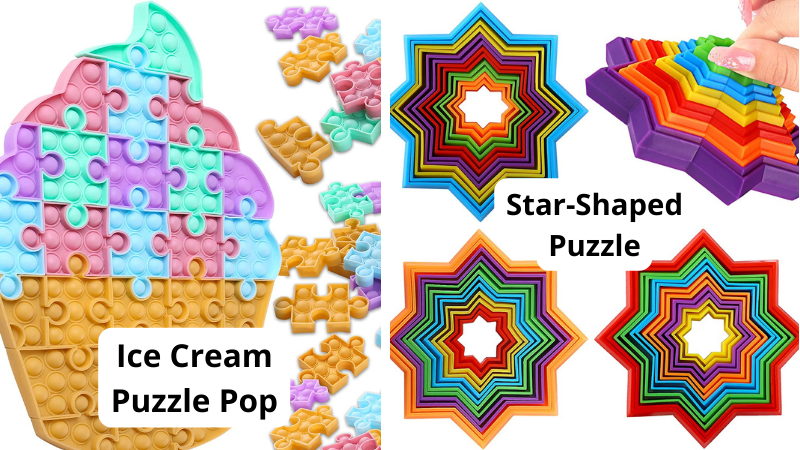 A fidget toy is shaped like an ice cream cone on the left and on the right, star shaped puzzles are shown.