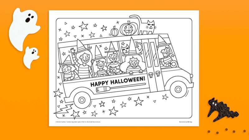 Witches riding on a school bus - free halloween coloring page