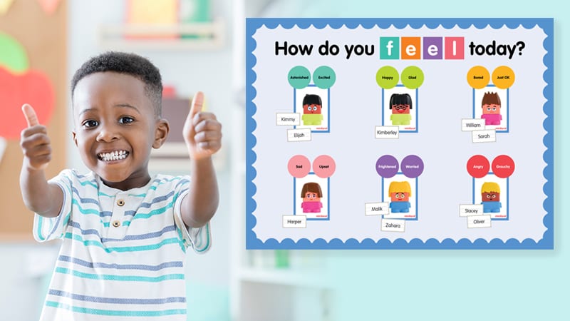 child holding thumbs up next to bulletin board with how do you feel today printed on it and feelings cards for social emotional learning activities