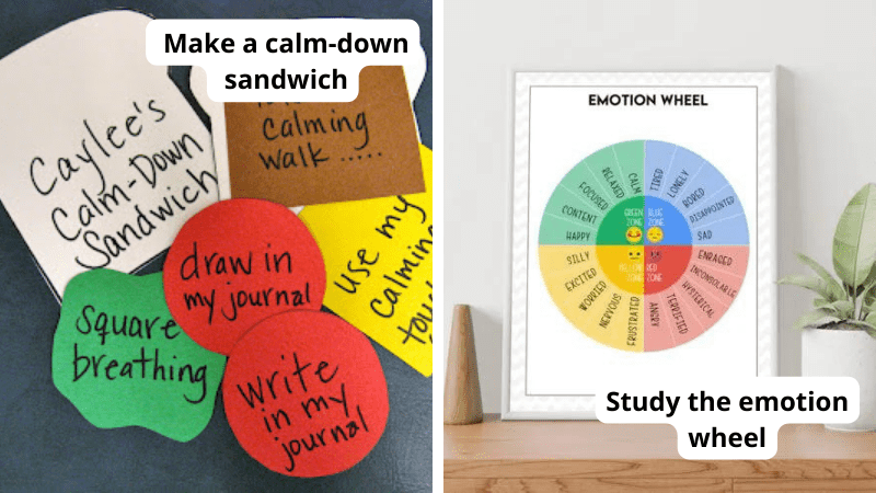 The left has different pieces of colored paper with things written on them like write in my journal. The right image is a wheel with different emotions.