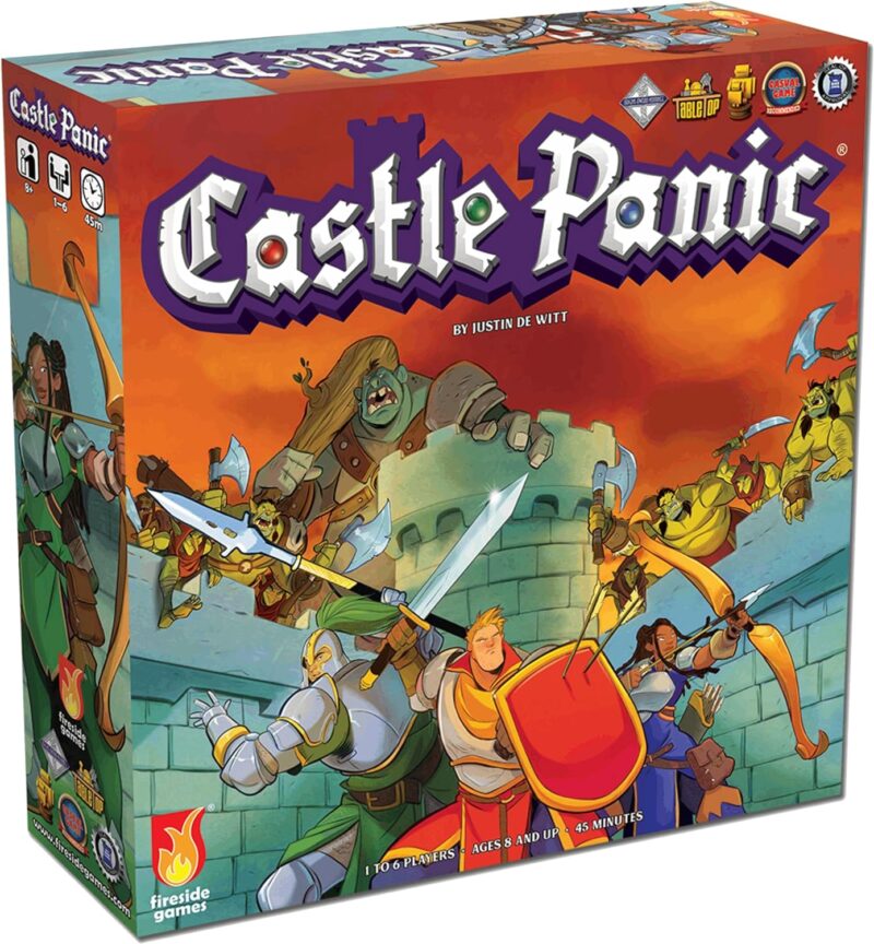 A castle is shown on a box along with knights with swords. Text reads Castle Panic.