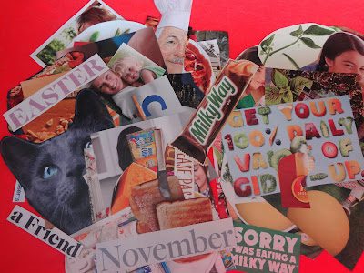 Gratitude activities for kids include this collage made up of ripped up magazines and pictures.