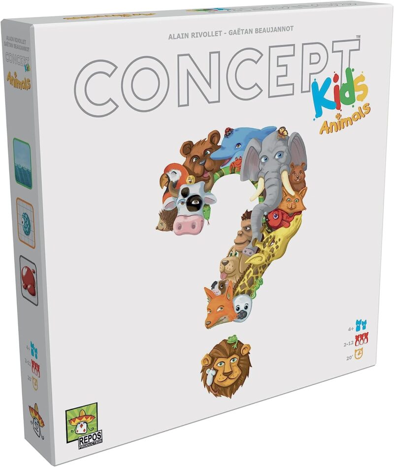 A box shows several cartoon animals in the shape of a question mark in this example of best cooperative board games.