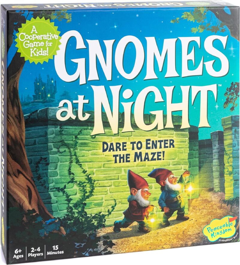 Best cooperative board games include this box that says Gnomes at Night and shows two cartoon gnomes, one of whom is holding a lantern.