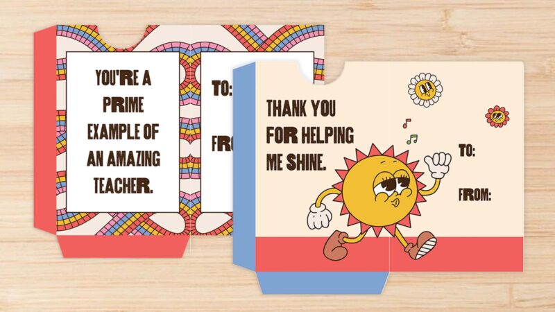 Examples of printable teacher thank you gift card holders including one with a sun and one for an Amazon gift card.