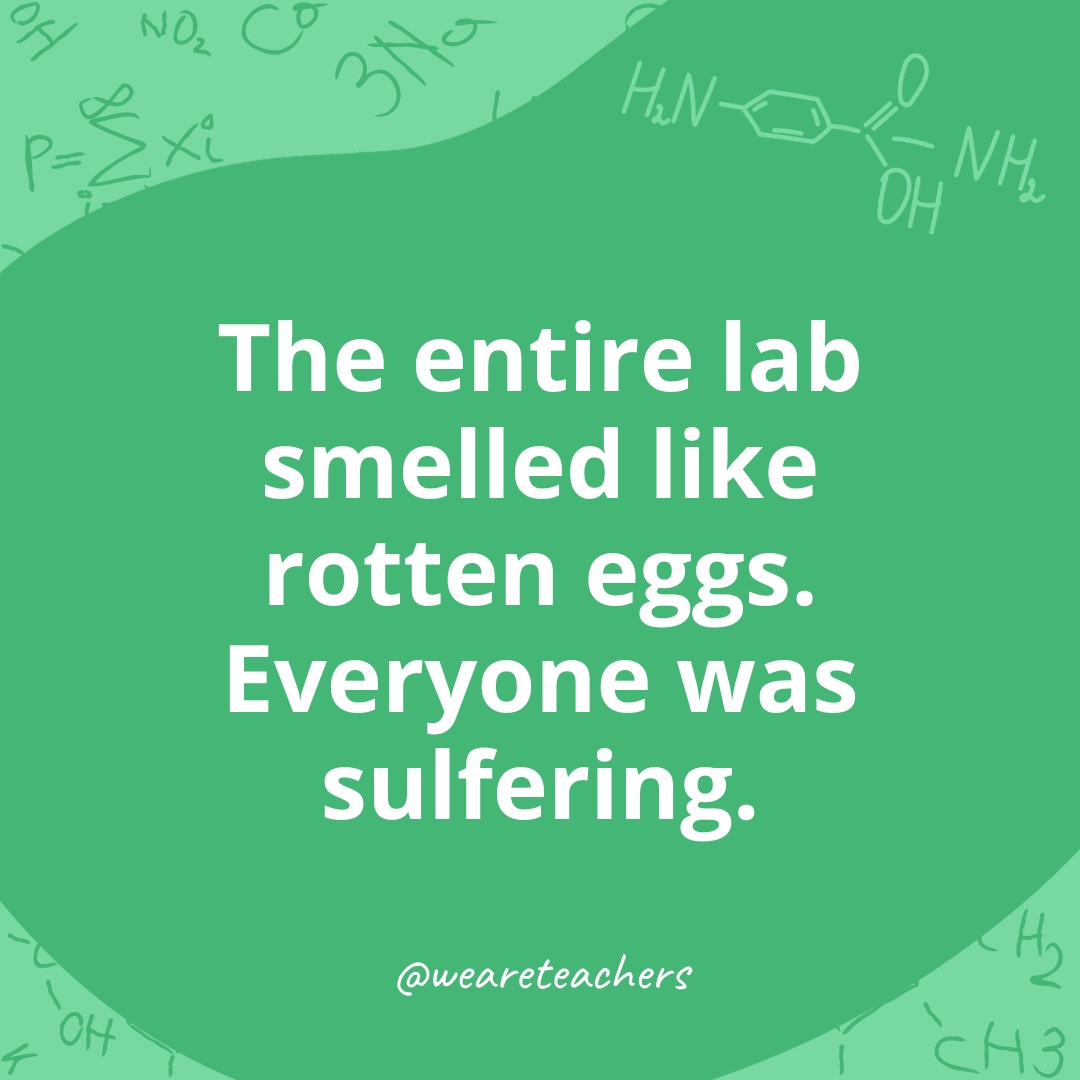 The entire lab smelled like rotten eggs. Everyone was suffering. - chemistry jokes